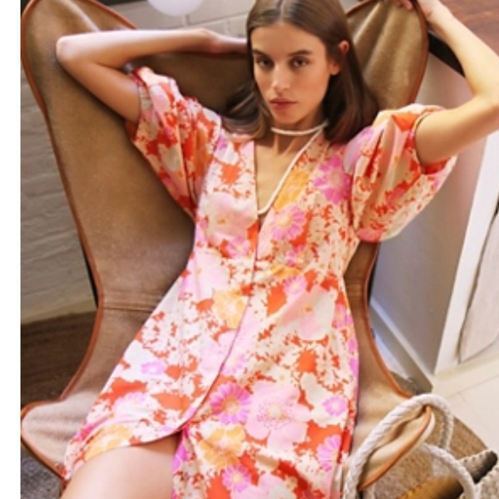 free people lydia  Printed dress M  floral button puff sleeve - Picture 4 of 4